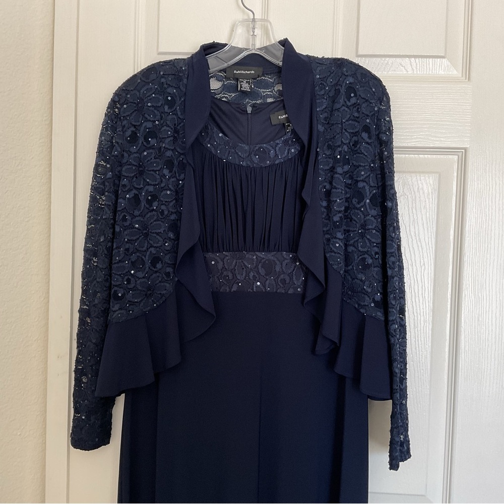 R & M Richards Navy Blue Lace Sequins Special Occasion Dress 2 Piece Size 10 - Picture 2 of 11